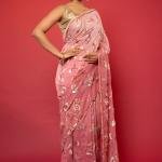 Dusky Pink Pure Chiffon Saree with Aari Sequins Jaal Work | Zardozi, Dabka | Jaipurio Shaded Saree